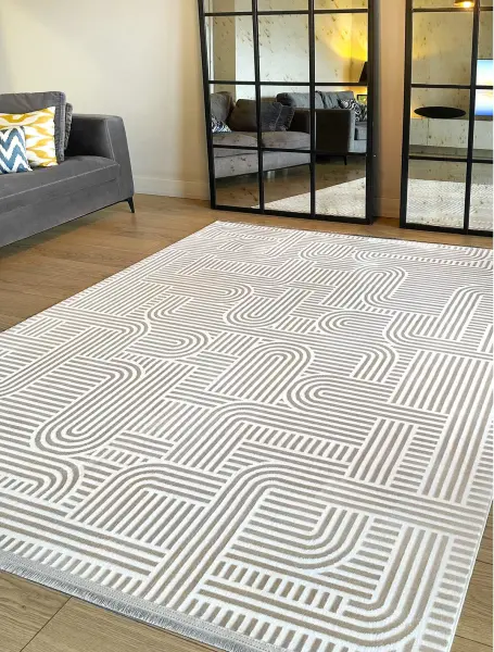 Calme Serisi Bej Renk Yıkanabilir Kaymaz Dokuma Halı T-Hy08