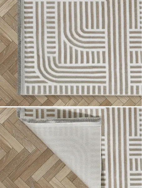 Calme Serisi Bej Renk Yıkanabilir Kaymaz Dokuma Halı T-Hy08