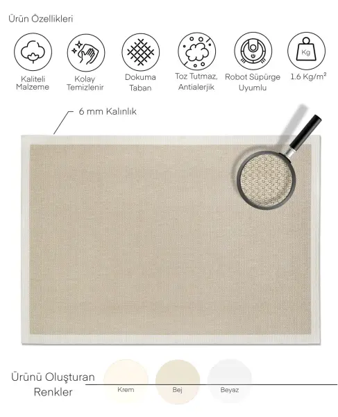Sisal Serisi Bej Krem Kaymaz Tabanlı Yıkanabilir Dokuma Halı TU-EN10